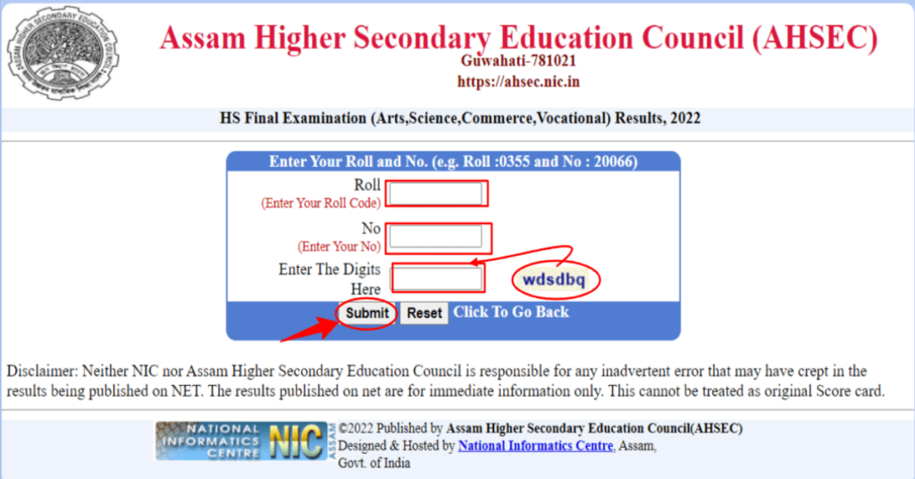 Result Page of AHSEC HS 2nd Year Result Assam